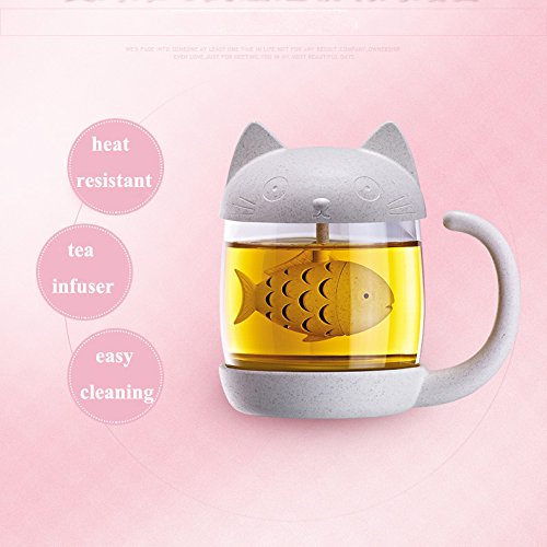 Digoon 10 oz Cute Cat Glass Cup Tea Mug With Fish Tea Infuser Strainer Filter