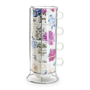 grace teaware stackable coffee tea mug 10-ounce set of 4 with metal stand (floral religious)