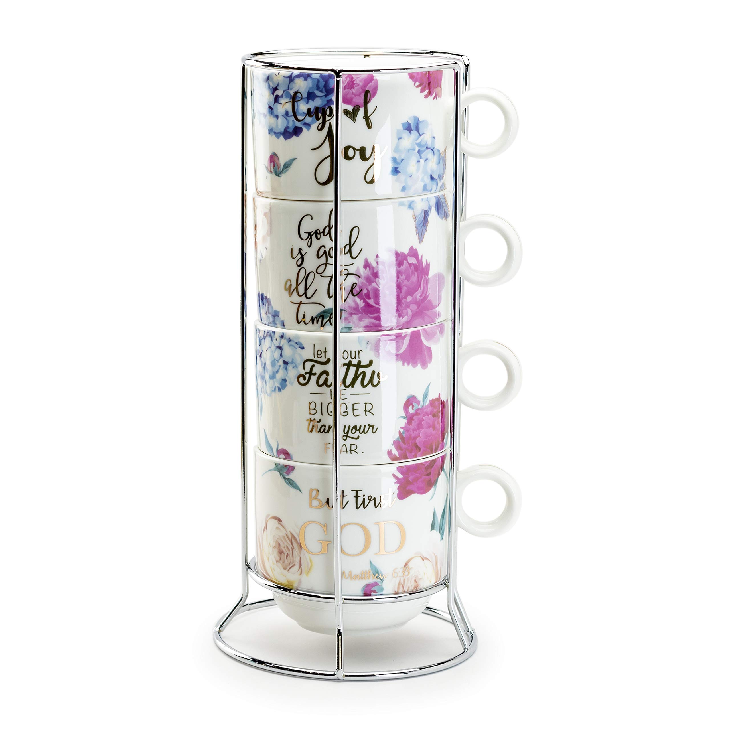 Grace Teaware Stackable Coffee Tea Mug 10-Ounce Set of 4 with Metal Stand (Floral Religious)