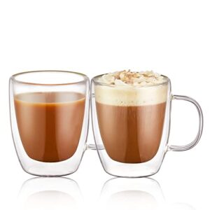 double walled cups set of 2-12 oz glass coffee cups with handle, insulated thermal mugs of premium quality borosilicate glass for cappuccino,latte,tea,shots,milk; microwave,dishwasher safe