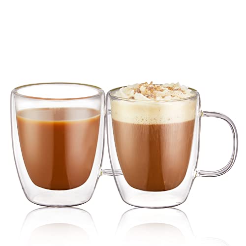 Double Walled Cups Set of 2-12 oz Glass Coffee Cups with Handle, Insulated Thermal Mugs of Premium Quality Borosilicate Glass for Cappuccino,Latte,Tea,Shots,Milk; Microwave,Dishwasher Safe