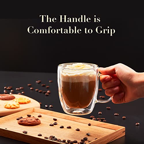 Double Walled Cups Set of 2-12 oz Glass Coffee Cups with Handle, Insulated Thermal Mugs of Premium Quality Borosilicate Glass for Cappuccino,Latte,Tea,Shots,Milk; Microwave,Dishwasher Safe