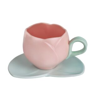 koythin ceramic coffee mug with saucer set, creative tulip cup unique irregular design for office and home, dishwasher and microwave safe, cute cup for latte tea milk (9.5oz, pink)