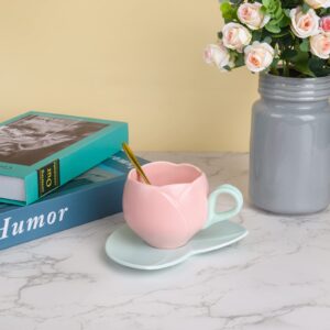 Koythin Ceramic Coffee Mug with Saucer Set, Creative Tulip Cup Unique Irregular Design for Office and Home, Dishwasher and Microwave Safe, Cute Cup for Latte Tea Milk (9.5oz, Pink)