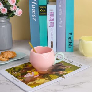 Koythin Ceramic Coffee Mug with Saucer Set, Creative Tulip Cup Unique Irregular Design for Office and Home, Dishwasher and Microwave Safe, Cute Cup for Latte Tea Milk (9.5oz, Pink)