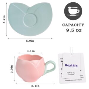 Koythin Ceramic Coffee Mug with Saucer Set, Creative Tulip Cup Unique Irregular Design for Office and Home, Dishwasher and Microwave Safe, Cute Cup for Latte Tea Milk (9.5oz, Pink)