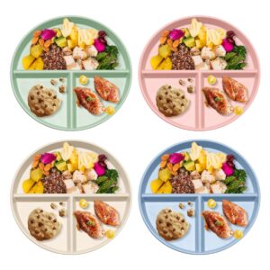 ybobk home portion control plate for adults weight loss, round bariatric portion control plate, reusable wheat straw divided plate with 3 compartments, dishwasher & microwave safe (4 pcs)