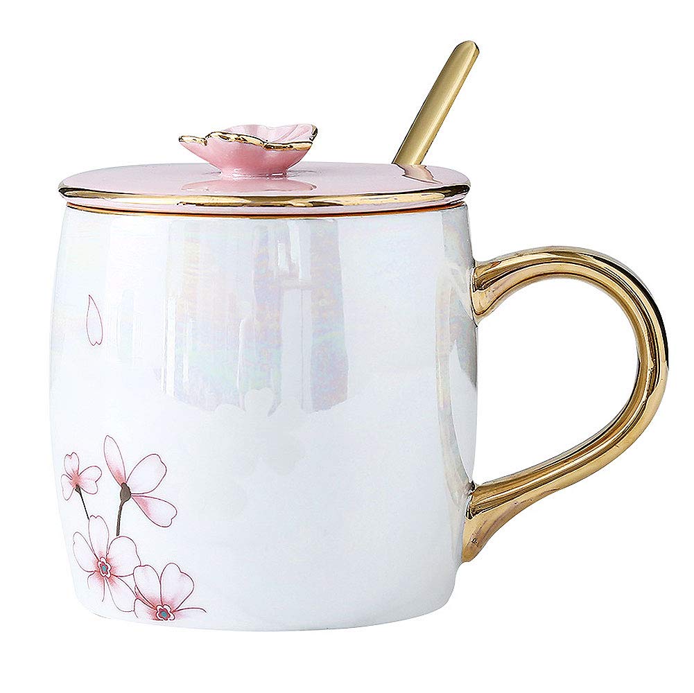 VanEnjoy 13.5oz Gold Rim Pink Cherry Blossom Ceramic Mug Porcelain Coffee Milk Tea Cups with Lid Gold Spoon,Tea Coffee Lovers Gift for Women Office