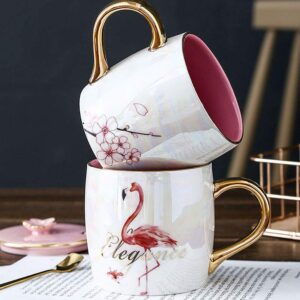 VanEnjoy 13.5oz Gold Rim Pink Cherry Blossom Ceramic Mug Porcelain Coffee Milk Tea Cups with Lid Gold Spoon,Tea Coffee Lovers Gift for Women Office