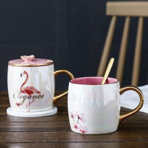 VanEnjoy 13.5oz Gold Rim Pink Cherry Blossom Ceramic Mug Porcelain Coffee Milk Tea Cups with Lid Gold Spoon,Tea Coffee Lovers Gift for Women Office