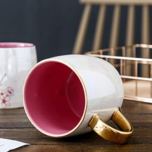 VanEnjoy 13.5oz Gold Rim Pink Cherry Blossom Ceramic Mug Porcelain Coffee Milk Tea Cups with Lid Gold Spoon,Tea Coffee Lovers Gift for Women Office