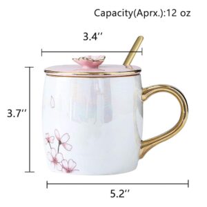 VanEnjoy 13.5oz Gold Rim Pink Cherry Blossom Ceramic Mug Porcelain Coffee Milk Tea Cups with Lid Gold Spoon,Tea Coffee Lovers Gift for Women Office