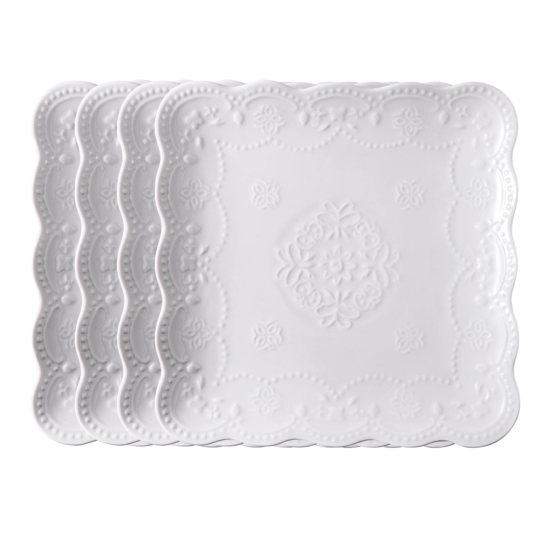 Jusalpha Square Embossed Lace Ceramic Plate-Tableware Set 4 Pieces (10 Inches, White)