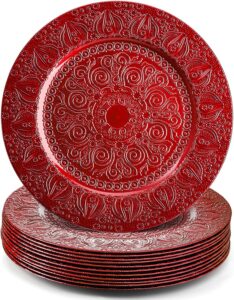 hacaroa set of 12 plastic round charger plates, 13 inch red chargers for dinner plates, antique wedding chargers for table setting, holiday, catering event, embossed patterns