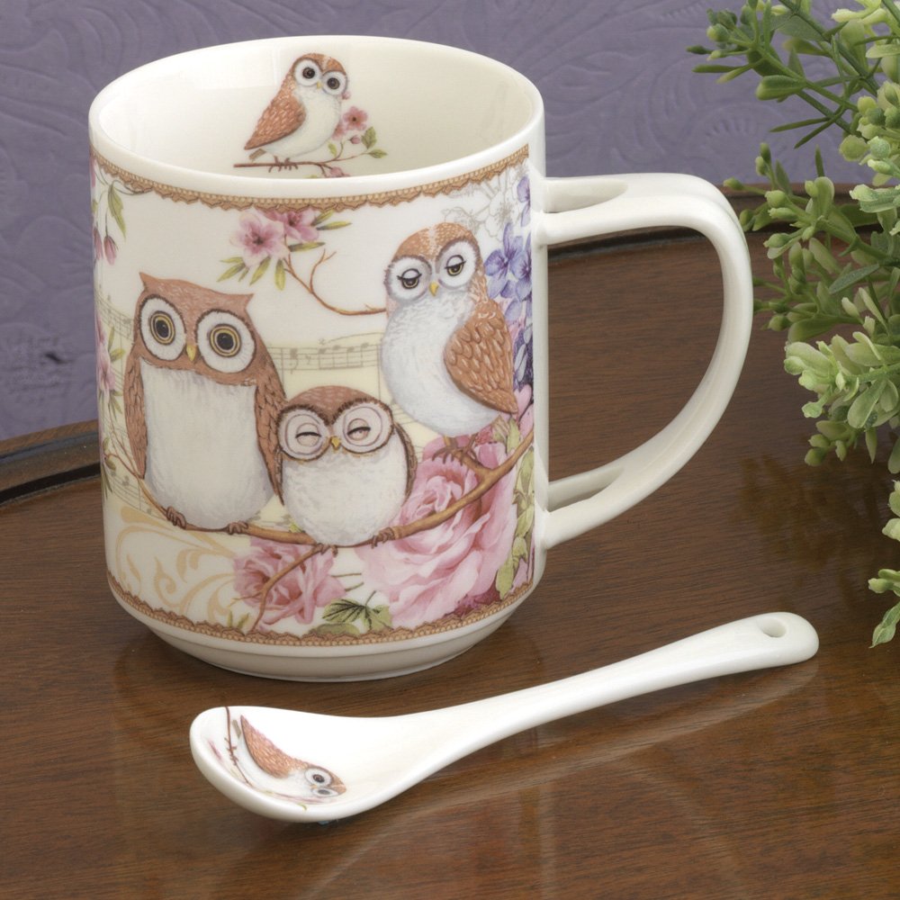 Bits and Pieces - 10 OZ Owl Mug with Teaspoon - Coffee and Tea Mug Comes in Beautiful Gift Box