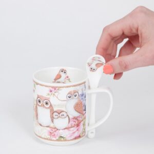 Bits and Pieces - 10 OZ Owl Mug with Teaspoon - Coffee and Tea Mug Comes in Beautiful Gift Box