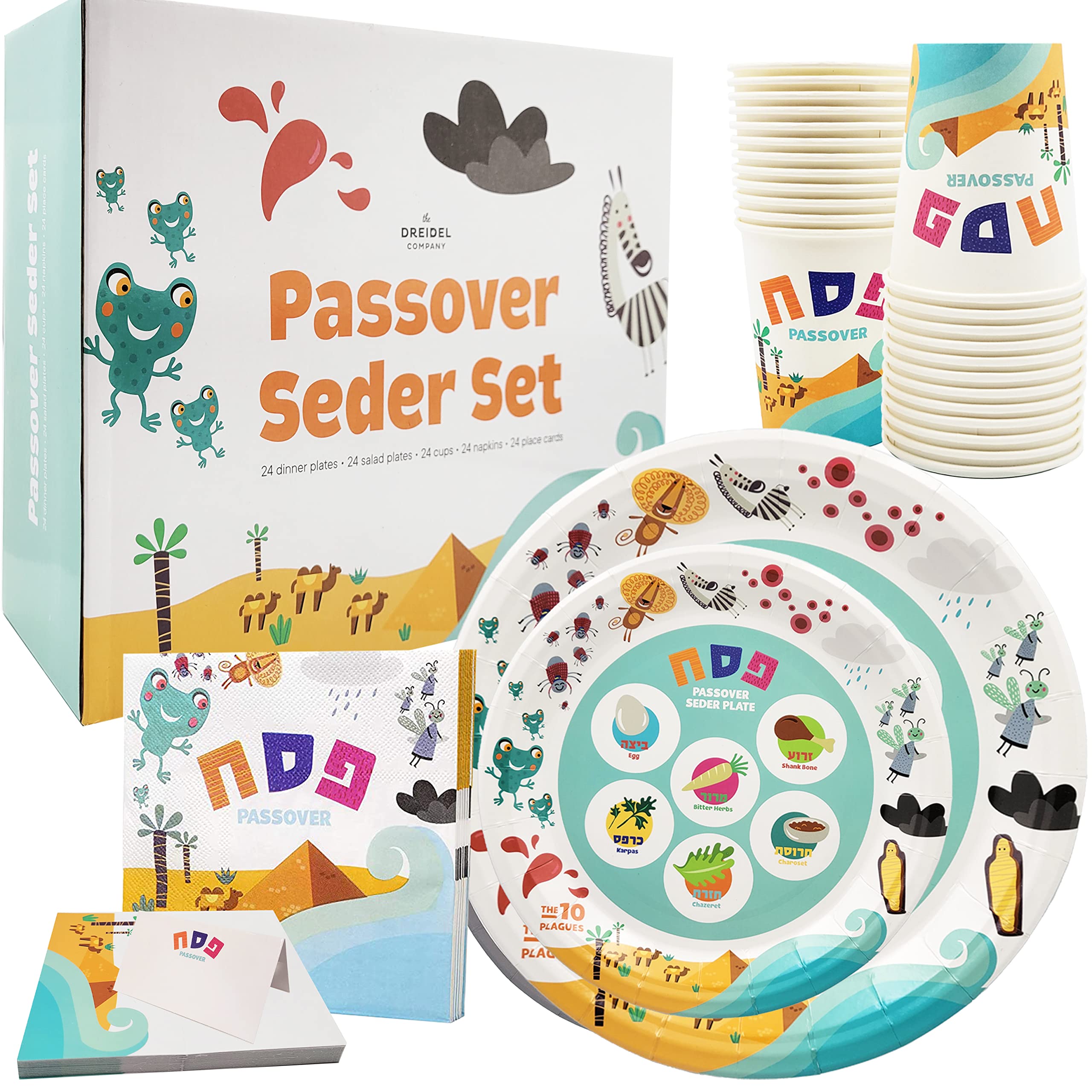 Passover Disposable Seder Plate Set - Ten Plagues Design - 9" and 7" Plates, Cups, Napkins, and Place Cards, 120 Piece Set, Serves 24 People