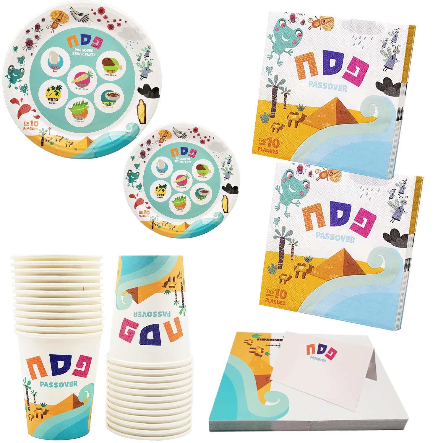 Passover Disposable Seder Plate Set - Ten Plagues Design - 9" and 7" Plates, Cups, Napkins, and Place Cards, 120 Piece Set, Serves 24 People