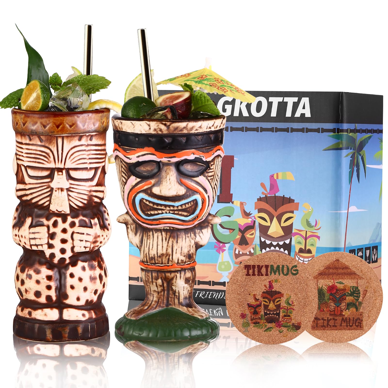 SUN GKOTTA Cocktail Tiki Mugs Set of 2 - Ceramic Tiki Cups,Tiki Mug Cute Exotic Cocktail Glasses with Straws and Coaster, Tiki Glasses for Cocktails and Tiki Bar