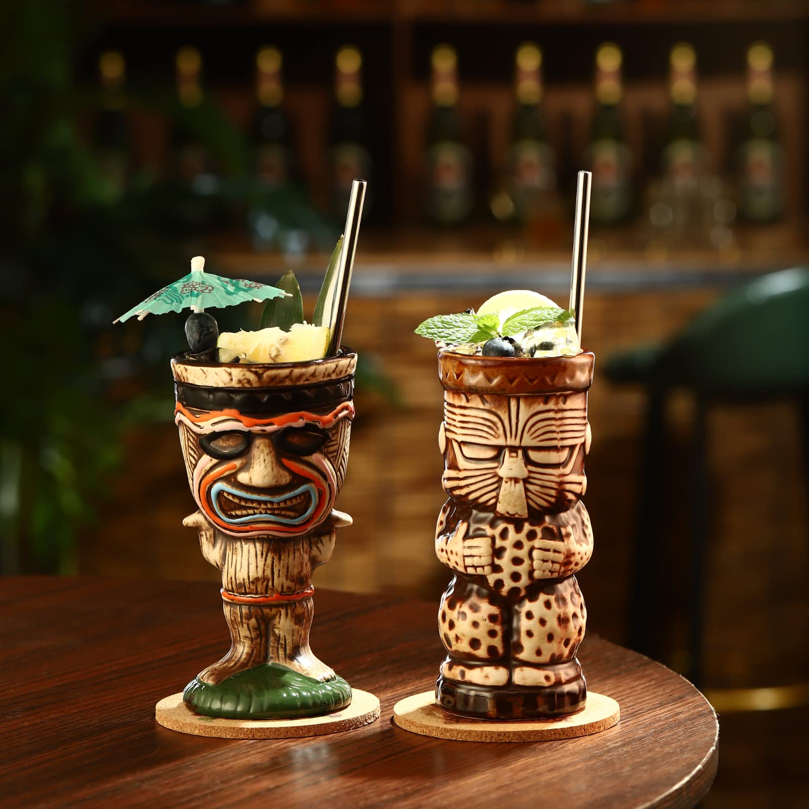 SUN GKOTTA Cocktail Tiki Mugs Set of 2 - Ceramic Tiki Cups,Tiki Mug Cute Exotic Cocktail Glasses with Straws and Coaster, Tiki Glasses for Cocktails and Tiki Bar