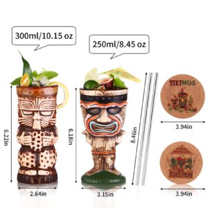 SUN GKOTTA Cocktail Tiki Mugs Set of 2 - Ceramic Tiki Cups,Tiki Mug Cute Exotic Cocktail Glasses with Straws and Coaster, Tiki Glasses for Cocktails and Tiki Bar