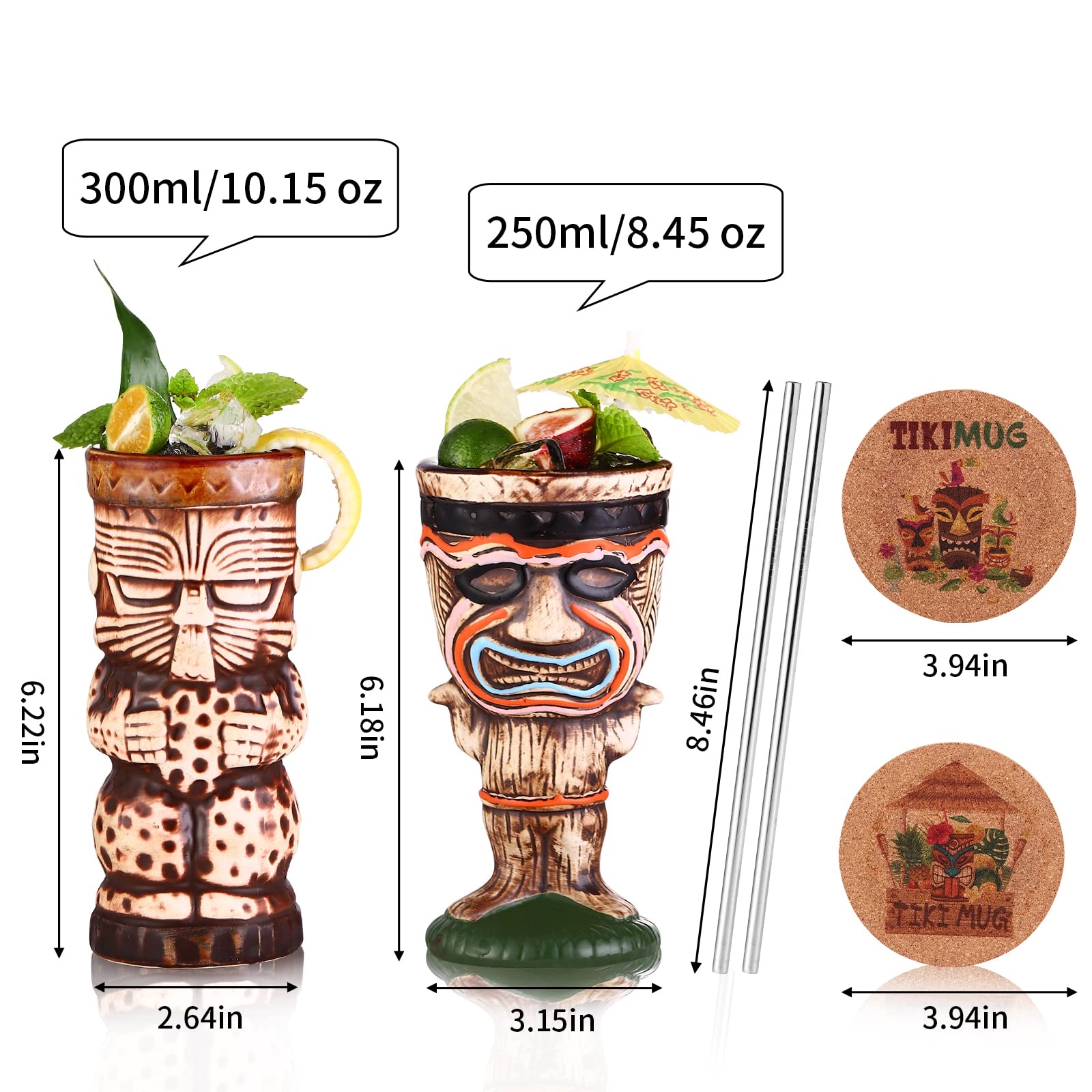 SUN GKOTTA Cocktail Tiki Mugs Set of 2 - Ceramic Tiki Cups,Tiki Mug Cute Exotic Cocktail Glasses with Straws and Coaster, Tiki Glasses for Cocktails and Tiki Bar