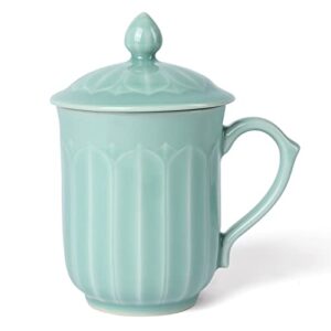 tingyework porcelain lotus tea cup with lid and handle, 12 oz unique coffee mug, microwave dishwasher safe, gifts for women and men, aesthetic chinese celadon 1 pack (sky blue)