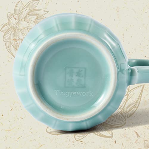 Tingyework Porcelain Lotus Tea Cup with Lid and Handle, 12 oz Unique Coffee Mug, Microwave Dishwasher Safe, Gifts for Women and Men, Aesthetic Chinese Celadon 1 Pack (Sky Blue)