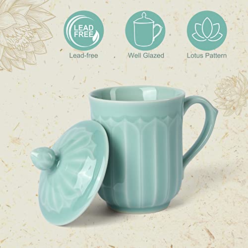 Tingyework Porcelain Lotus Tea Cup with Lid and Handle, 12 oz Unique Coffee Mug, Microwave Dishwasher Safe, Gifts for Women and Men, Aesthetic Chinese Celadon 1 Pack (Sky Blue)