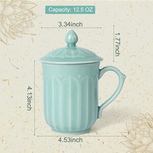 Tingyework Porcelain Lotus Tea Cup with Lid and Handle, 12 oz Unique Coffee Mug, Microwave Dishwasher Safe, Gifts for Women and Men, Aesthetic Chinese Celadon 1 Pack (Sky Blue)