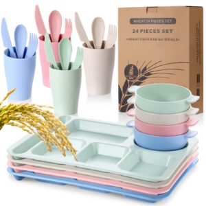 bokon 24 pcs divided plate for kid adult wheat straw lunch cutlery set toddler dinnerware microwave safe picnic school(mixed color)