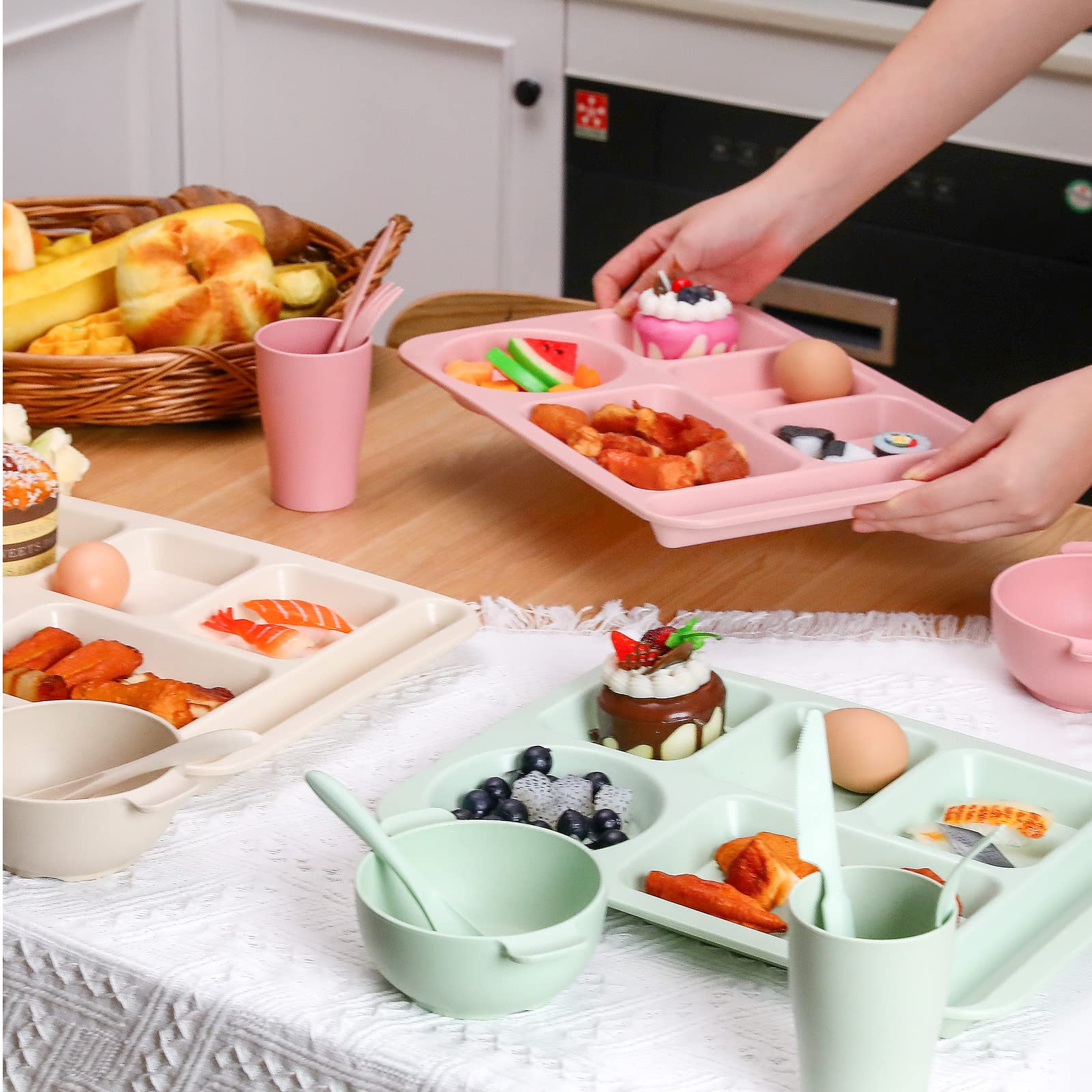 Bokon 24 Pcs Divided Plate for Kid Adult Wheat Straw Lunch cutlery Set Toddler Dinnerware Microwave Safe Picnic School(Mixed Color)