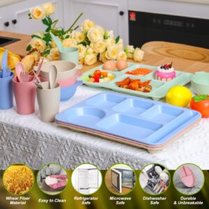 Bokon 24 Pcs Divided Plate for Kid Adult Wheat Straw Lunch cutlery Set Toddler Dinnerware Microwave Safe Picnic School(Mixed Color)