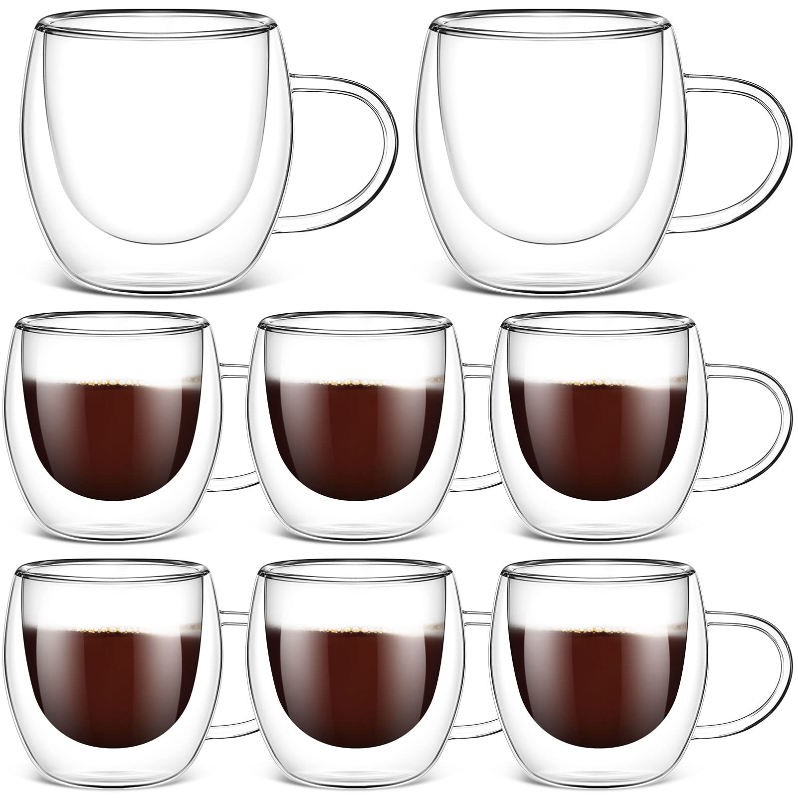 Didaey 8 Pack 8 oz Glass Coffee Mugs Clear Insulated Glass Espresso Coffee Cups with Handle Cafe Mugs Set Borosilicate Glassware Cups for Tea Latte Hot Iced Beverages