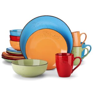 vancasso navia dinnerware set 16 pieces colorful set for 4 stoneware spray spot patterned service dish with dinner plates, salad plates, bowls, mugs - colorful