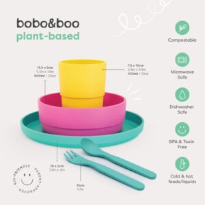 BOBO&BOO Plant-Based Dinnerware Set for Kids | Microwave & Dishwasher Safe | BPA & Melamine Free | Reusable Kids 3 Piece Set Cup, Plate and Bowl - TROPICAL