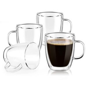 liuruiyu double wall glass coffee mugs, (set of 4) 12 ounces-clear glass coffee cups with handle,insulated coffee glass,cappuccino cups,tea cups,latte cups,beverage glasses