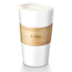 kopmath ceramic travel coffee mug, 16 oz travel mug with lid, splash proof, anti-scald sleeve, microwave dishwasher safe, portable to go tumbler, large coffee cup for car cup holder, gift