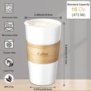 Kopmath Ceramic Travel Coffee Mug, 16 oz Travel Mug with Lid, Splash Proof, Anti-Scald Sleeve, Microwave Dishwasher Safe, Portable To Go Tumbler, Large Coffee Cup for Car Cup Holder, Gift