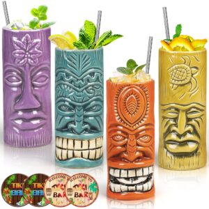 suprobarware tiki mugs set of 4– ceramic hawaiian party mugs large drinkware, tiki bar mugs for cocktails, tropical cups drinks for exotic party