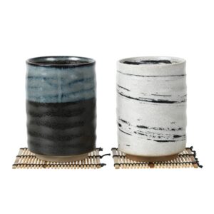 love love japan japanese tea cups sushi-yunomi mino ware with bamboo coaster (set of 2) (black white)