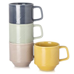 adewnest stackable coffee mugs set: 13 oz stacking coffee cups ceramic for mocha latte cappuccino - porcelain tea mugs for home/office - 4 color assorted microwave safe mugs