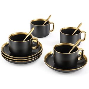 msysgqi european style luxury gold rim tea cup and saucer set,8.5 oz ceramic tea cup coffee cup set(black 4 pack)