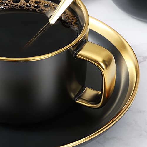MSYSGQI European style Luxury Gold rim Tea cup and saucer Set,8.5 Oz Ceramic Tea Cup Coffee Cup Set(Black 4 pack)