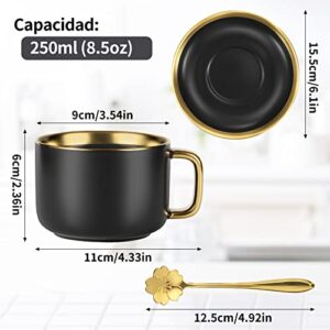 MSYSGQI European style Luxury Gold rim Tea cup and saucer Set,8.5 Oz Ceramic Tea Cup Coffee Cup Set(Black 4 pack)
