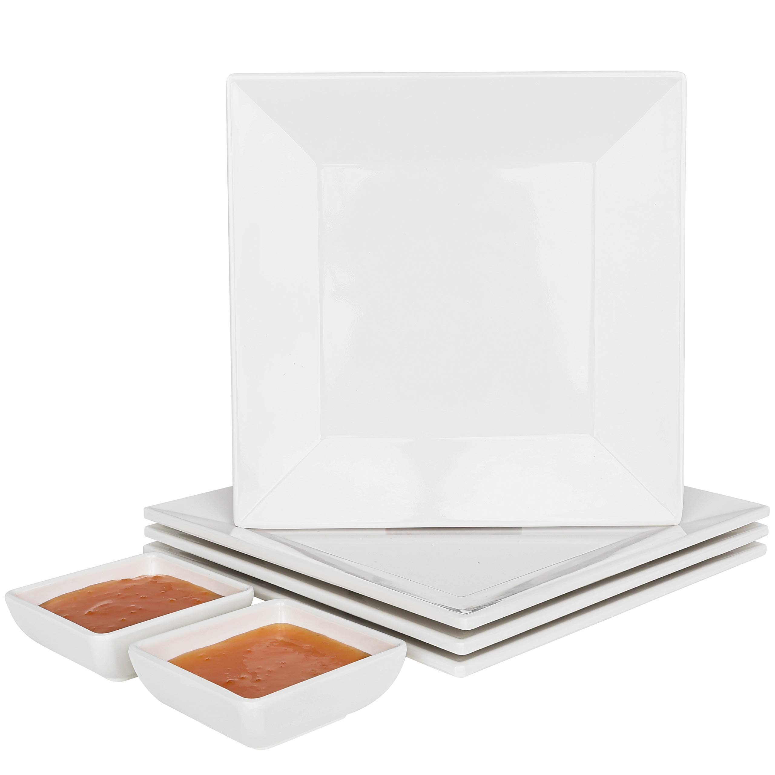 CHEFQ [4 Pack] 10" x 10" White Square Melamine Plates, Unbreakable Elegant Dinnerware Set With Sauce Dish