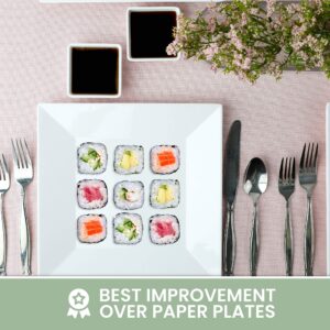 CHEFQ [4 Pack] 10" x 10" White Square Melamine Plates, Unbreakable Elegant Dinnerware Set With Sauce Dish