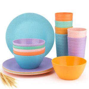 wheat straw dinnerware unbreakable wheat straw tumblers, bowls & plates dinnerware set | set of 18 in 6 assorted color | dishwasher safe, bpa free