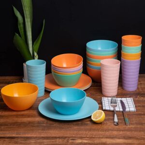 Wheat Straw Dinnerware Unbreakable Wheat Straw Tumblers, Bowls & Plates Dinnerware Set | Set of 18 in 6 Assorted Color | Dishwasher safe, BPA Free