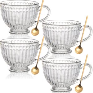 dicunoy set of 4 glass cappuccino mugs with spoons, 14 oz jumbo tea cups with handle, thick vintage wide mouth large coffee mugs for cocoa, milk, water, cereal, ice cream